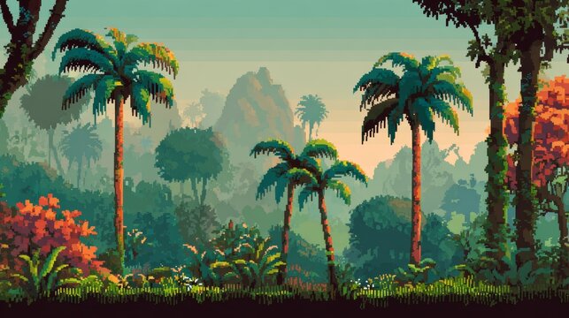 8bit pixel jungle with forest trees and palms, tropical rainforest mountains, video game level background, arcade style pixel art, retro gaming scenery with vibrant colors