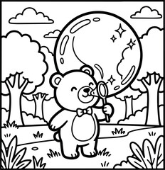 Fototapeta premium Cute cartoon style bear blowing shiny big bubble wand in forest park surrounded by trees and clouds