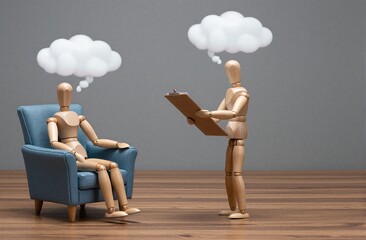Wooden figures depict therapy session with thought bubbles above
