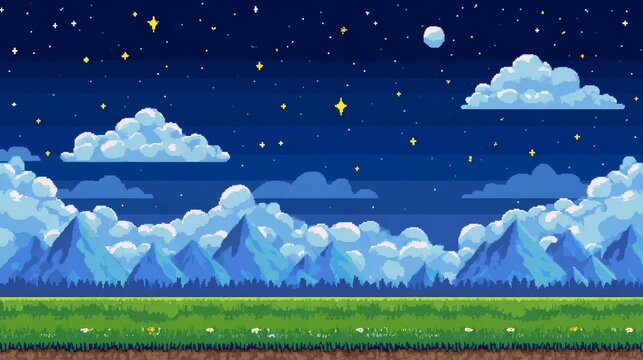 Cute pixel art meadow with clouds, stars, mountains, seamless vector background, video game location, retro 8bit style, colorful pixel scenery, fantasy nature landscape for arcade and adventure games