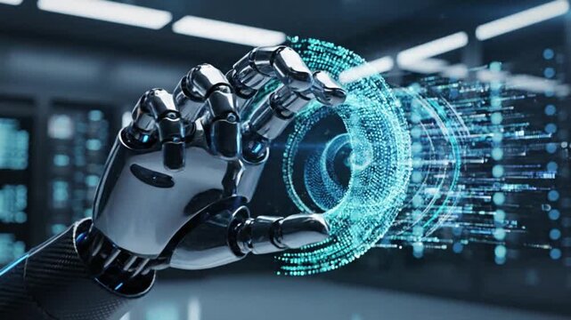 Robotic hand touching digital interface artificial intelligence concept data analysis processing information technology innovation future development