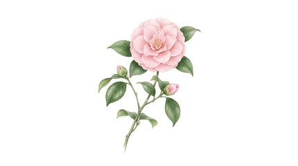 Pink camellia flower botanical illustration with green leaves and buds on white background