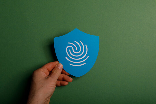 Hand holding blue shield with fingerprint symbol representing protection of privacy and personal data. Secure online acc