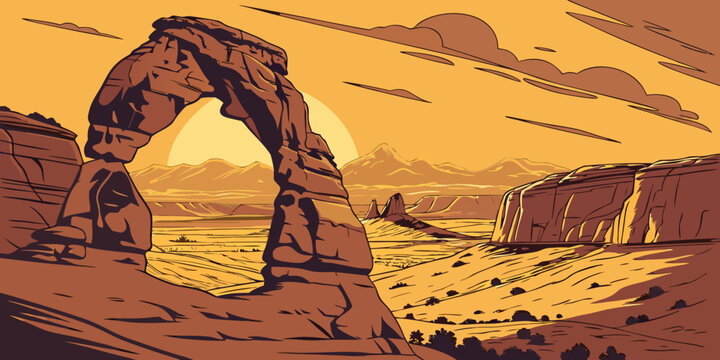 USA, US, U.S, United States - Arches National Park delicate arch sunset panorama dramatic desert skyline 
