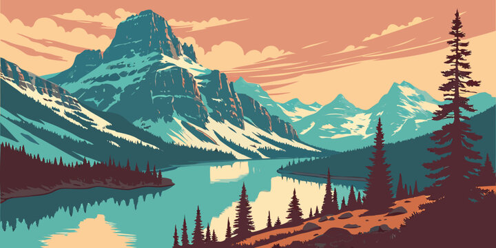 USA, US, U.S, United States - Glacier National Park turquoise alpine lake sunrise panorama snow mountains reflection
