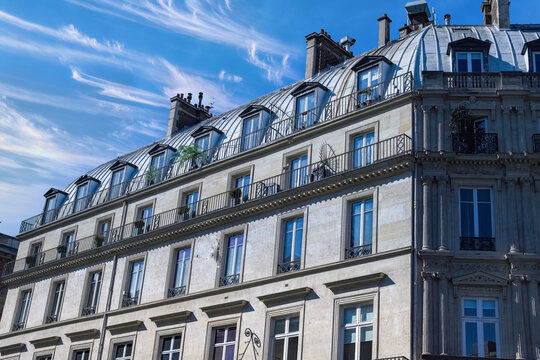 Paris, typical building, parisian facade rue de Rivoli, view from the Tuileries garden
