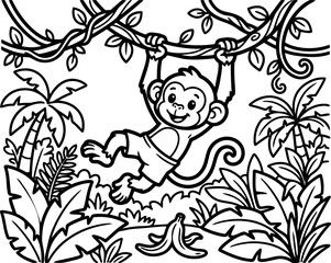 Fototapeta premium Black and white line art monkey swinging on vines in jungle with tropical plants and banana peel on ground