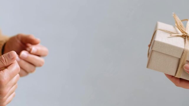 Close-up of hands passing a gift box. One wears brown sweater, another white. Gift wrapped in brown paper, twine, and bow. Giver smiles gently. Receiver nods warmly