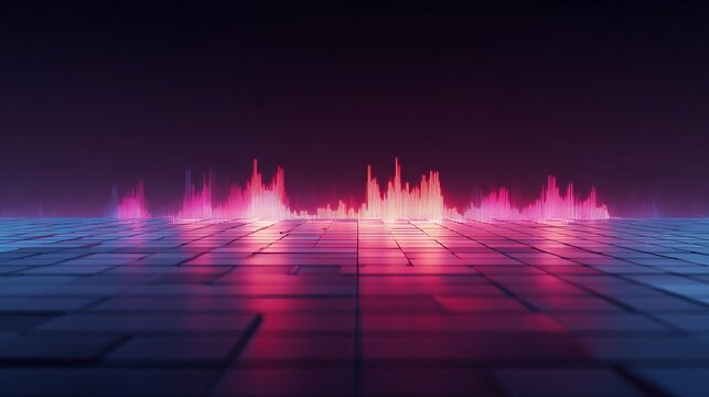 Vibrant pink and blue sound wave pulses shifting across a dark futuristic grid floor with neon glow