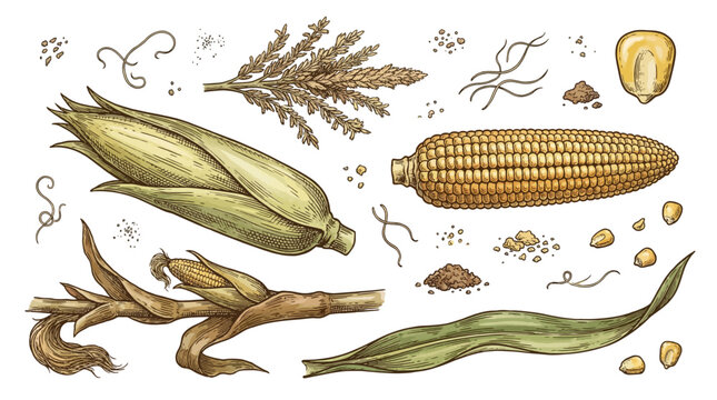 Close-up botanical illustration of corn plant showcasing kernels, husk, leaves, tassel, and roots in detailed realistic style