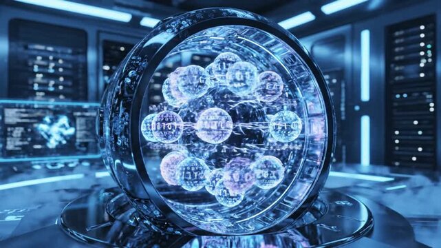 Quantum Computing Processor Core with Glowing Blue Artificial Intelligence Neural Network Spheres in Futuristic Server Room Data Center for Advanced Research and Cybersecurity Technology Concepts