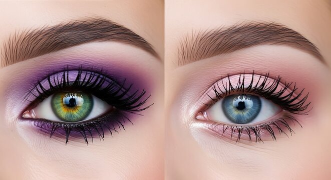 Closeup of woman's eyes with purple and pink eye shadow and long lashes