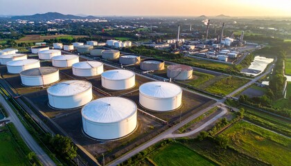 Naklejka premium Aerial view industrial storage tank farm for oil and gas or chemical