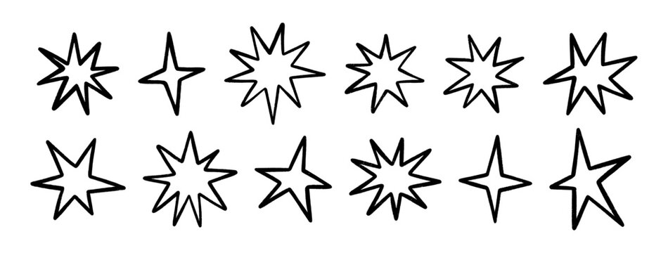 Crayon hand drawn stars, twinkle magic symbols. Shine, spark or light elements. Line art chalk sketch sparkle icons on a transparent background. Doodle black glitter sparks, vector illustration