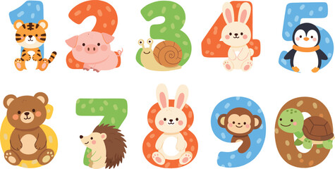 Cute animal number characters vector set with tiger pig snail rabbit penguin bear hedgehog monkey turtle cartoon kids illustration © Mst