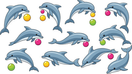 Cute dolphin cartoon vector set with jumping dolphins playing colorful balls marine animal characters ocean wildlife illustration collection © Mst