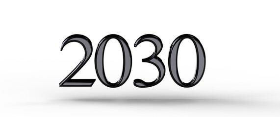 Bold representation of the year 2030, in a glossy metallic black font against a stark white...