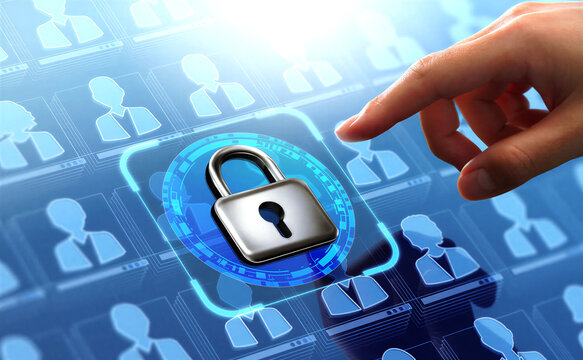 Digital security concept with lock icon and user profiles