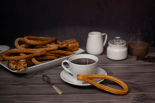 Spanish cafe style breakfast with churros and chocolate