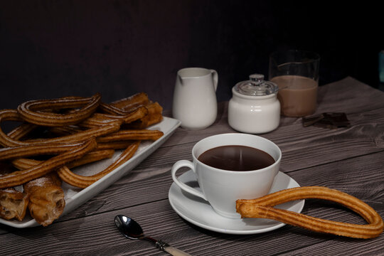 Churros dessert with hot chocolate typical of Spain