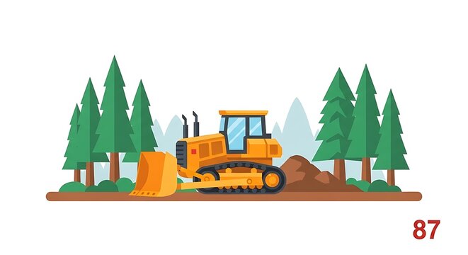 Heavy construction equipment bulldozer clearing forest land vector illustration, earth-moving machinery industrial machine