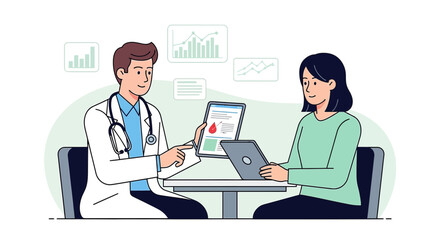 Fototapeta premium Doctor consulting patient with medical data on tablet, healthcare analysis, modern medicine concept