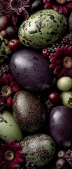 Obraz premium Easter vibes: a symphonic scene of flowers and festive decor. Extravagant style. Whimsical floral arrangement with easter eggs in scenic spring setting. Elegant presentation. Majestic beauty.