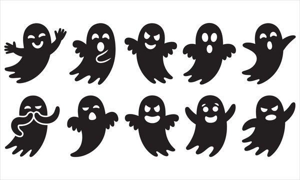 Set of cute black ghost icons for halloween. isolated silhouettes of friendly spooky characters with various expressions with white background with halloween icon