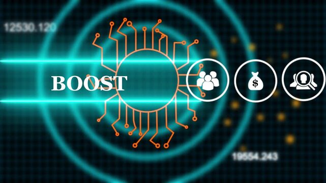 Digital boost concept with futuristic data charts and icons representing growth success and technology 4k video animation