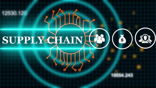 Neon sign Supply Chain business concept animation on abstract technology background with rotating world map icon 4k video animation