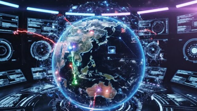 Global network connection Earth globe digital interface data visualization worldwide communication system international business technology concept futuristic display screen