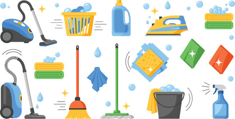 Vector Illustration Set of House Cleaning Tools and Supplies Including Vacuum Cleaner Broom Mop Bucket and Detergent Isolated on White © sojibislam