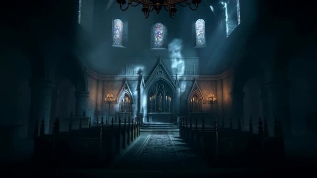 Church interior with dramatic exorcism inspired atmosphere and fog featuring horror, spooky, eerie with dark and gothic elements for architecture,