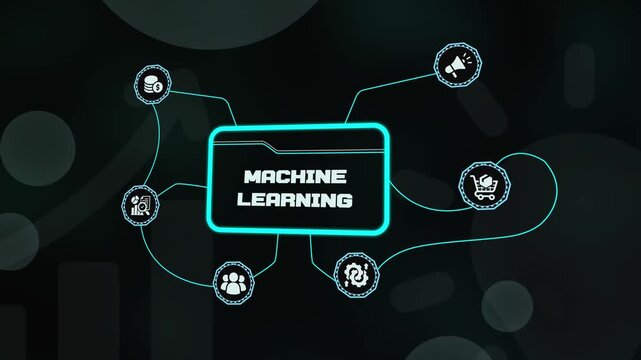 Machine Learning algorithm and data science concept with futuristic digital interface icons for advanced predictive analytics and automation