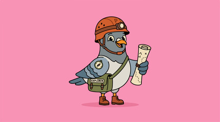Naklejka premium Cartoon pigeon wearing a helmet and carrying a map on pink background.