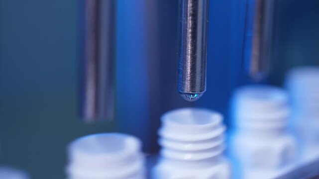 eye drop manufacturing. Ophthalmic drops solution, eye ear drop making process in factory. eye drop medicine in plastic bottles on conveyor belt. production of medical drops in a pharmaceutical line