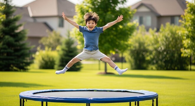 Energetic young Asian boy joyfully leaping high on a backyard trampoline on a sunny summer day