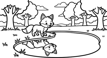 Fototapeta premium Cute cartoon fox looking at its reflection in water in black and white line art style in forest setting with trees and clouds