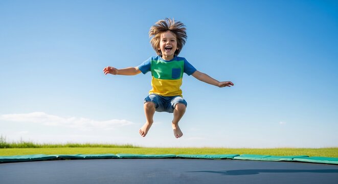 Happy Young Boy Joyfully Jumping High on a Trampoline Under a Bright Clear Blue Sky Outdoors