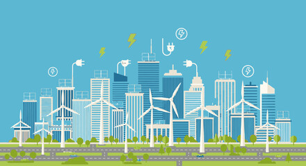 A vibrant illustration of a modern green city powered by renewable wind energy, featuring skyscrapers and sustainable infrastructure under a clear blue sky with energy icons. © UDIN