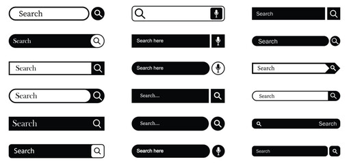 Collection of search bar icon with magnifying glass. various shape search bar box icons. Modern search bar UI elements set. Magnifying glass, cursor icons, microphone. Search bar vector illustration. 