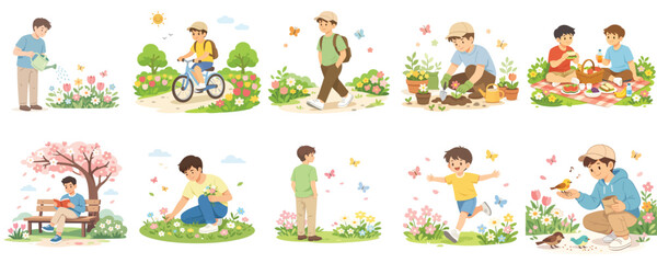 Fototapeta premium Vector of man doing activities in spring. Vector, flat, illustration, minimalist, icon, icon set