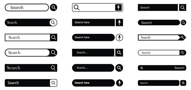 Collection of search bar icon with magnifying glass. various shape search bar box icons. Modern search bar UI elements set. Magnifying glass, cursor icons, microphone. Search bar vector illustration. 