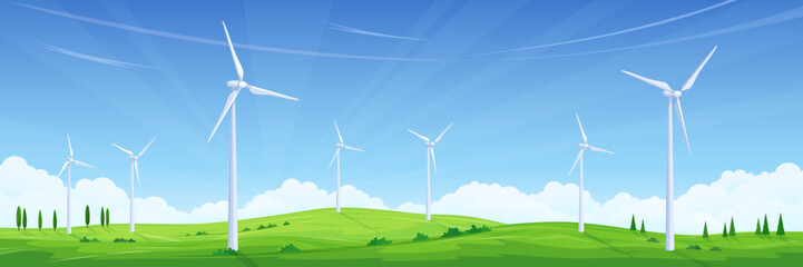 Obraz premium Flat vector illustration of a wind farm on green hills under a blue sky. Vector illustration.