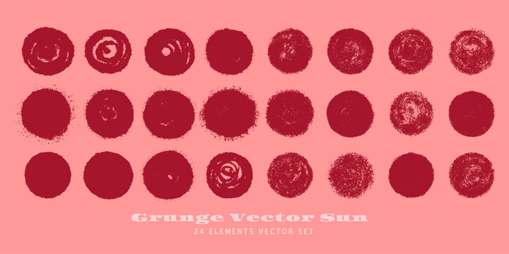 Rough grunge brush red sun isolated vector shapes set. Hand drawn stamp symbol of summer, spring or Japan. Wine circle watercolour badge
