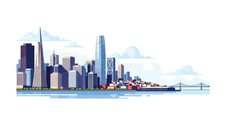 Fototapeta premium Digital illustration of a city skyline with skyscrapers and a cargo ship in the water against a cloudy sky with a bridge in the distance.