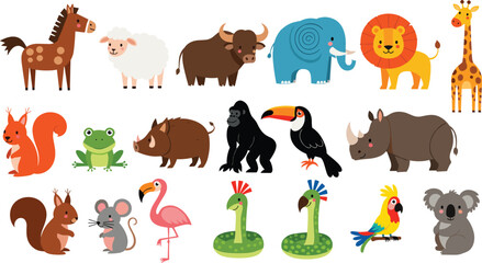 Fototapeta premium Cute Cartoon Animal Collection with Lion Elephant Giraffe Rhino Gorilla Toucan Flamingo Frog and Forest Animals Vector Illustration Set