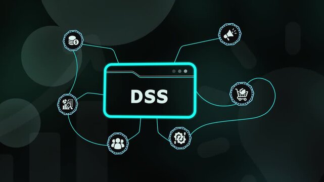 DSS Decision Support System icon highlighting business intelligence software and analytical modeling for professional enterprise growth.