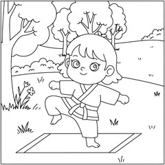 line art drawing of a cute little girl practising karate  © Simran