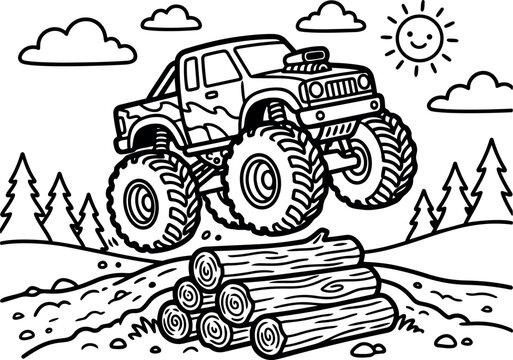 Black and white line art monster truck jumping over stacked logs off road with sun clouds and pine trees background
